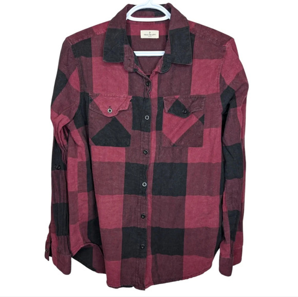Thread & Supply Burgundy Red & Black Plaid Button Down Top Women Small - Picture 1 of 9